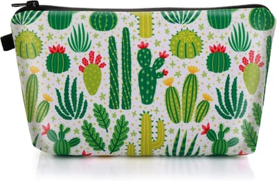 Canvas Make-up Tas voor Reizen - Kleine Organizer voor Toiletartikelen en Cosmetica - Groene Cactus 21.5 x 14.5 x 1.5cm, Perfect voor Tienermeisjes en Dagelijks Gebruik