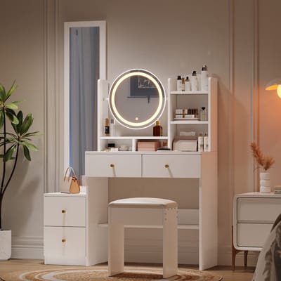 MODENUIT Kaptafel - Ledverlichting En Draaibare Spiegel - Voor Slaapkamer - Spaanplaat Wit - 109x36x164 Cm