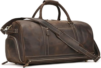 Leren Weekendtas voor Mannen, Vintage Reisbagage voor Handbagage, Echt Koeienleer, Sporttas in Donkerbruin en Lichtbruin, Retro Stijl, Ideaal voor Korte Trips