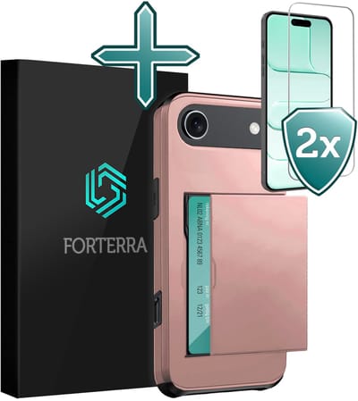 Hoesje Geschikt voor iPhone Air Pashouder Hard Case Hoes Met 2x Screenprotector - Hoes Geschikt voor iPhone Air Hoesje Back Cover Met Pasjeshouder - Rosé goud