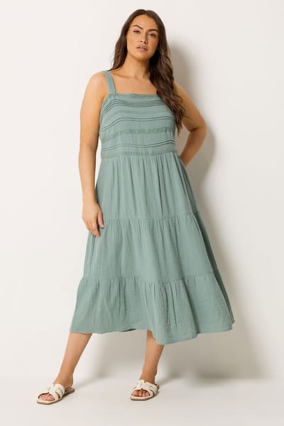 Yours Saliegroene Jurk Van Kaasdoekstof Met Geplooide Lagen Size 48