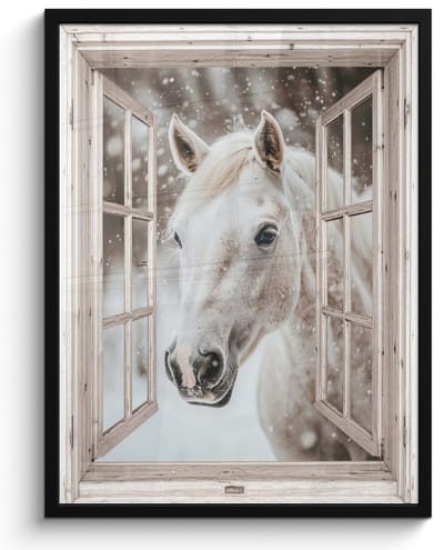 Poster in lijst - Fotolijst 50x70 cm - Posters - Paard - Wit - Winter - Sneeuw - Doorkijk - Dieren - Posterlijst zwart - Decoratie - Wanddecoratie woonkamer - Muurdecoratie slaapkamer