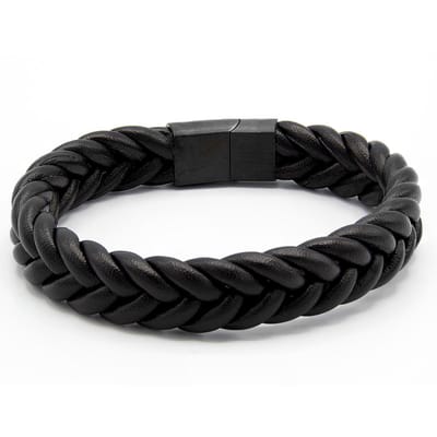 Victorious Gevlochten Leren Armband Heren – RVS Roestvrijstaal Sluiting – Zwart – 21cm