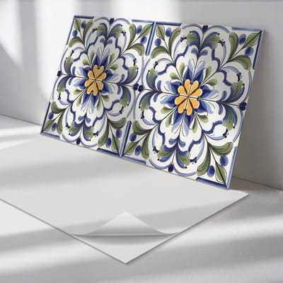 Wallfluent Vinyl Wandpaneel - Bloemenkeramiekpatroon Wandpaneel PVC - 100 cm x 50 cm - Blauw Vinyl Wandpaneel - Set van 1 - Rechthoekig Wandbekleding Vinyl - Texturen Wandpaneel - Zelfklevend Wandpaneel - Wandpaneel Keuken en Badkamer