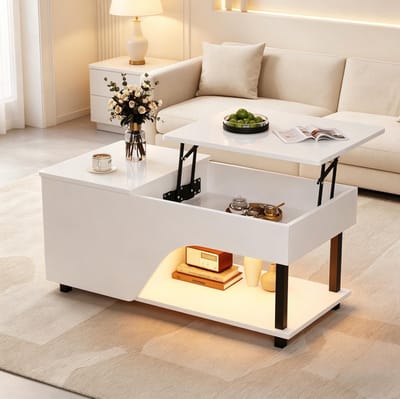 OKWISH Salontafel - In Hoogte Verstelbaar Met LED-Verlichting En Verborgen Opbergruimte - Woonkamer - Wit - 100 x 50 x 46 cm