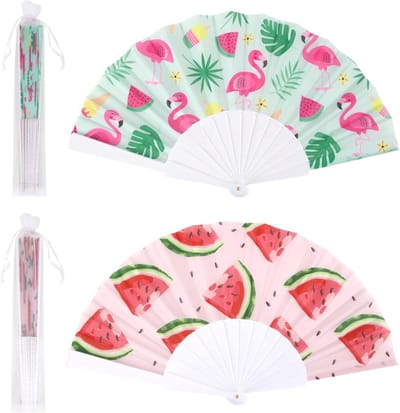Set van 2 opvouwbare handventilators met flamingo- en watermeloenpatroon, ideaal voor zomerse feesten, verjaardagen en poolparty's.