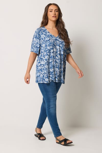 Yours Blauwe Abstracte Bloemenprint Top Met Plooien Aan De Voorkant Size 42