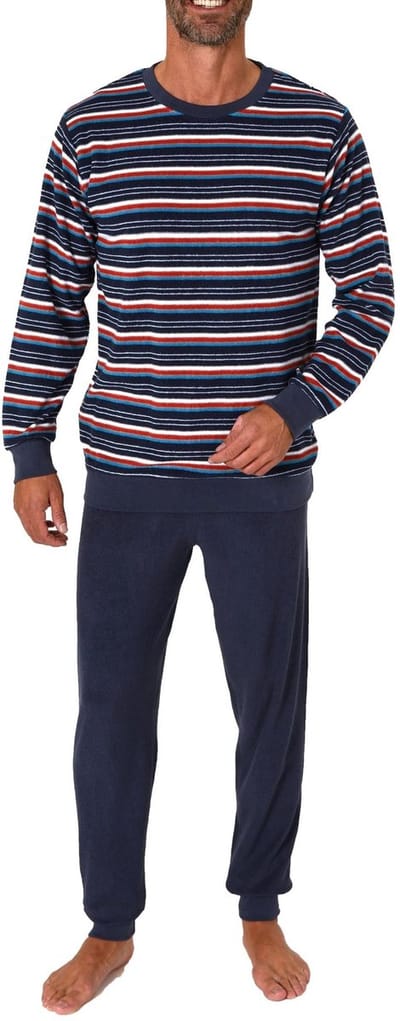 Herenpyjama in badstof met lange mouwen en manchetten in streepjes-look - ook in overmaten