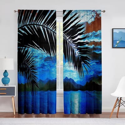 Tropisch Zeegezicht Palmbladeren Oceaan Tule Gordijnen voor Woonkamer Slaapkamer Decor Chiffon Transparant Voile Keukengordijn 1 PCS W100XH250cm&Grommet Top