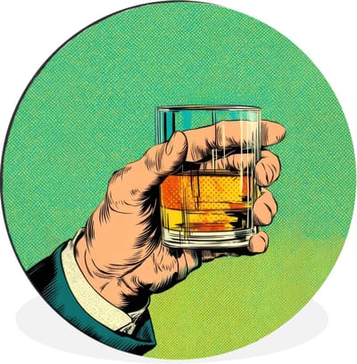 WallCircle - Wandcirkel - Muurcirkel - Whisky - Glas - Hand - Groen - Aluminium - Dibond - 30x30 cm - Binnen en Buiten