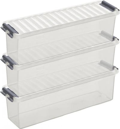 3x sunware q-line opberg box/opbergdoos - 1.3 liter - 27 x 8 x 9 cm - kunststof - opslagbox - transparant/zilver