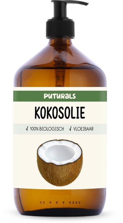 Puturals Kokosolie 100% Biologisch - 1000ml - Koudgeperst en Puur - MCT Olie voor Huid, Haar en Massage - Kokosolie Vloeibaar - Glazen Fles met Pomp