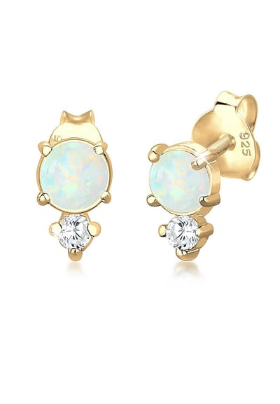 Elli - Oorbellen - Dames Oorsteker Vintage met Zirconia kristallen en Opaal in 925 sterling zilver verguld - Dames