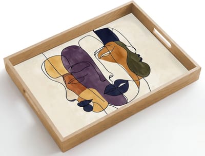 Dienblad hout 50x35 cm - Schootdienblad - Abstract - Overlappende gezichten - Paars - Donkergroen - Borrelplank rechthoek - Plateau dienbladen