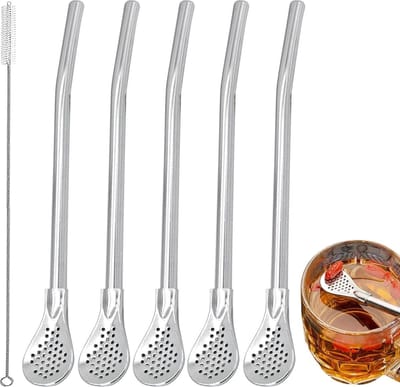 Borvat® 6 stuks, roestvrijstalen rietjes, met 1 reinigingsborstel, herbruikbaar, filterlepel, drinklepel, voor koffie, citroenthee, cocktail, milkshakes, 15 cm