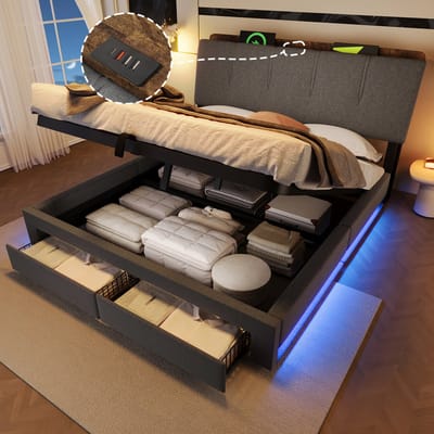 Gestoffeerd bed 140x200 cm - met USB Type-C oplaadfunctie - met opbergruimte en LED-verlichting - grijs - zonder matras