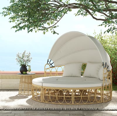MEUNIQ zonne-eiland loungeset 4-delig met uitschuifbaar dak, 5 kussens, tafel en hockers, rattan look, 178 x 85 x 66,5 cm, crème, voor tuin of balkon