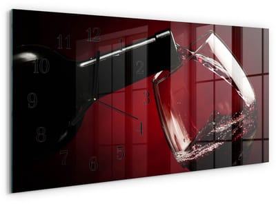 Tulup Wandklok - Wijnglas Glazen Klok Met Print - 60x30 cm - Rood Moderne Glazen Wandklok - Zwarte Handen - Rechthoekige Wandklok - Moderne Wandklok Glas - Wandklok Glas Decoratie