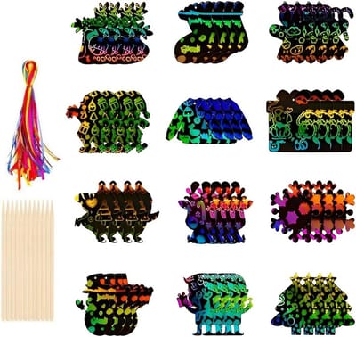 Magic Scratch Paper Set voor Kinderen - 48 Stuks met Regenboogband, Belletjes en Bamboe Potlood - Creatieve Activiteiten voor Kerstdecoratie en Gezinsplezier