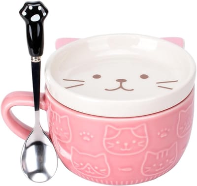 Schattige katten koffiemok met deksel, dieren theekopset, keramische mokken met koekjeshouder en lepel, perfect cadeau voor vrouwen, moeders, leraren en feestdagen