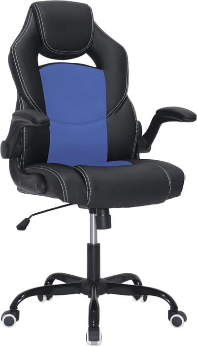 Bureaustoel, racingstoel, ergonomische stoel met hoofdsteun en armleuningen, voor kantoor, thuis, slaapkamer, zwart en blauw, 62 x 72 x (111,5-121) cm HM059Q01