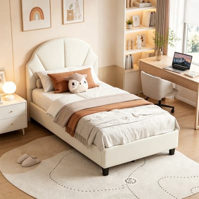 Eenpersoonsbed 90x200 cm, kinderbed, tienerbed, met verstelbaar hoofdeinde, lattenbodem, prinsessenbed, meisjesbed 90x200, fluweel, Beige