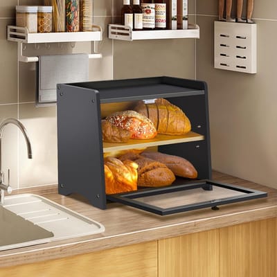 Broodtrommel Bamboe - Houten Opberger - Brood Vers Houden - Ventilatie Gaten - 2 Lagen - Zwart