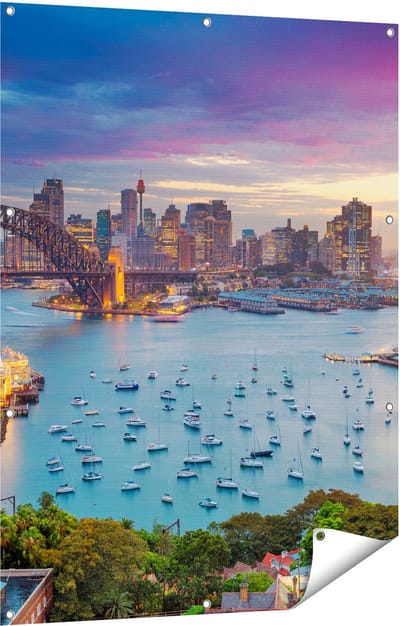 Gards Tuinposter Sydney Harbour Bridge in de Avond - 90x120 cm - Tuindoek - Tuindecoratie - Wanddecoratie buiten - Tuinschilderij