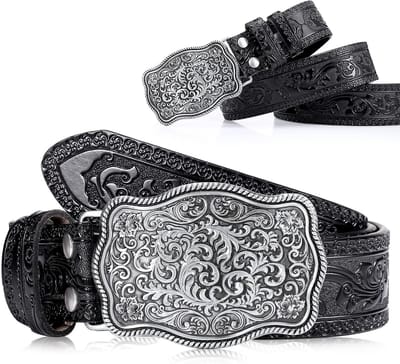 Heren Cowboy Western Leren Gespriem met Gegraveerde Bloemen - Vintage Geperst, 1-1/2 Inch Breed, Zwart, 43 Inch, Perfect voor Casual en Formele Outfits