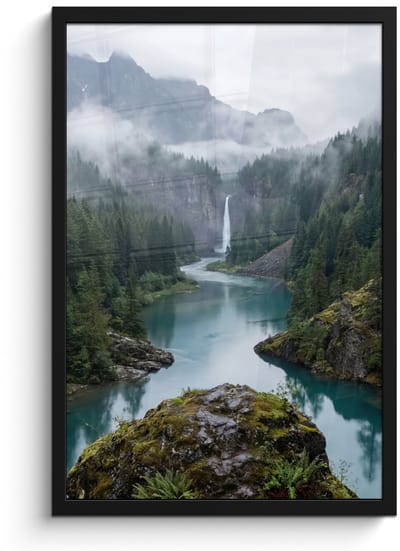 Poster in lijst - Fotolijst 40x60 cm - Posters - Waterval - Bomen - Bergen - Posterlijst zwart - Decoratie - Wanddecoratie woonkamer - Muurdecoratie slaapkamer