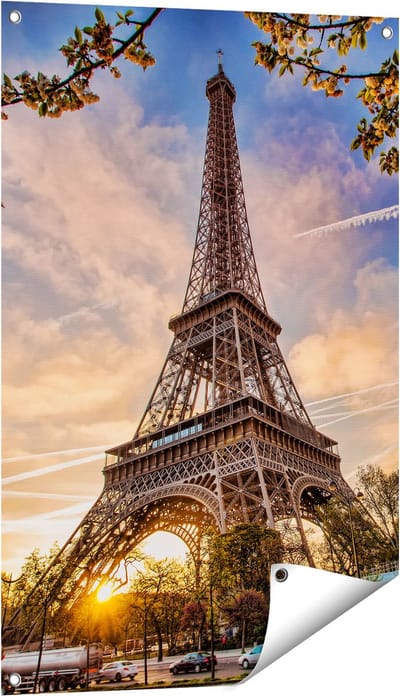 Gards Tuinposter Eiffeltoren in Parijs tijdens Zonsondergang - 60x90 cm - Tuindoek - Tuindecoratie - Wanddecoratie buiten - Tuinschilderij