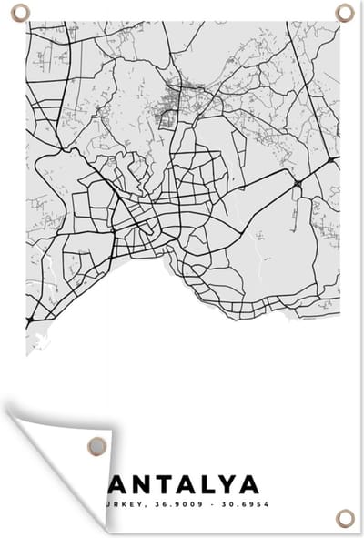 Muurdecoratie Antalya - Stadskaart - Plattegrond - Zwart Wit - Kaart - 120x180 cm - Tuinposter - Tuindoek