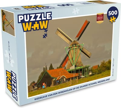 Puzzel Weergave van een windmolen op de Zaanse Schans, Nederland - Legpuzzel - Puzzel 500 stukjes