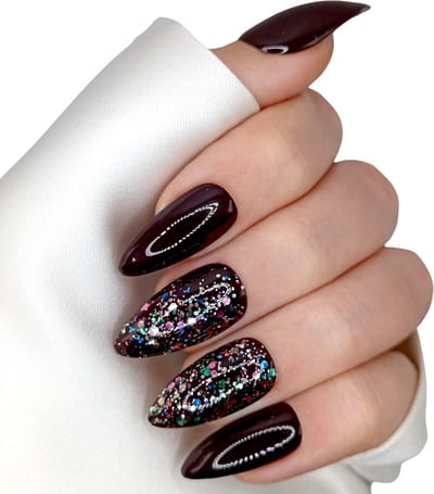 SD Press on Nails - B-71 - Plaknagels - Nagelset 20 Nagels - Donkerrood met glitters - Gellak - Nagellak - Medium Stiletto - Nageltips - Nepnagels met Lijm - Kunstnagels - Nail Art - Handmade - Valse nagels - Nagelvijl - Accessoires - Nepnagels