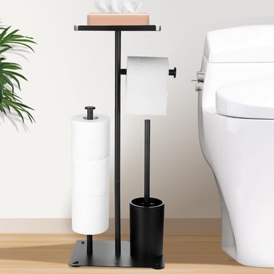 RUX® Toiletbutler - Toiletrolhouder - Multifunctionele Toiletbutlet - WC-Borstel - met Plank - Zwart - 26 cm x 11 cm x 3 cm