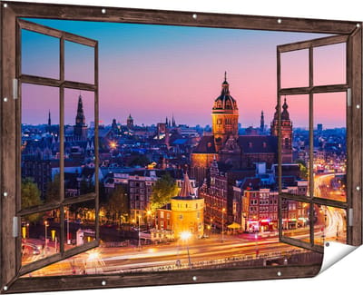 Gards Tuinposter Doorkijk Amsterdam Skyline bij Zonsondergang - 180x120 cm - Tuindoek - Tuindecoratie - Wanddecoratie buiten - Tuinschilderij