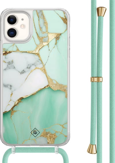 Casimoda® hoesje met mintgroen koord - Geschikt voor iPhone 11 - Marmer Mintgroen - Afneembaar koord - TPU/acryl - Mint