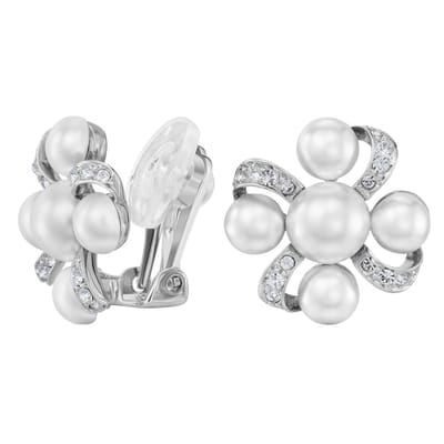 Traveller Clip Oorbellen - Oorclips Dames - Zilverkeurig - Parels - 8 & 6 mm - Wit - Kristallen - Geplatineerd - 20 x 20 mm - 114360