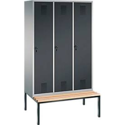 kleerkast Evolo S 3000, bankje onderin, 3 compartimenten, staal, veiligheidsslot, aluminium/antraciet wit, met draaibaar slot