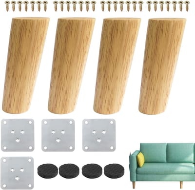 Meubelpoot Hout-Houten Meubelpoten, Set van 4, 12 cm Tafelpoten, Taps Toelopende Meubelpoten van Eikenhout met Montageplaten, Schroeven en Voetbeschermers voor Kast, Bank, Salontafel, Natuurlijke Kleur