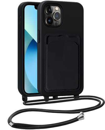 Hoesje Geschikt voor iPhone 13 Pro Hoesje Met Telefoonkoord en Pasjeshouder Siliconen - Hoes Geschikt voor iPhone 13 Pro Hoesje Met Kaarthouder Case - Zwart
