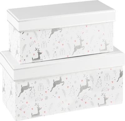 Dekoratief | Set 2 dozen rechthoek 'Dancing Reindeer', wit/zilver, 24x12x12cm | A235599
