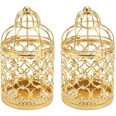 2 Stuks Vogelkooi Kaarsenhouder Vintage Exquise Elegant Hol Patroon Metalen Kandelaar voor Feestdecoratie Goud goud