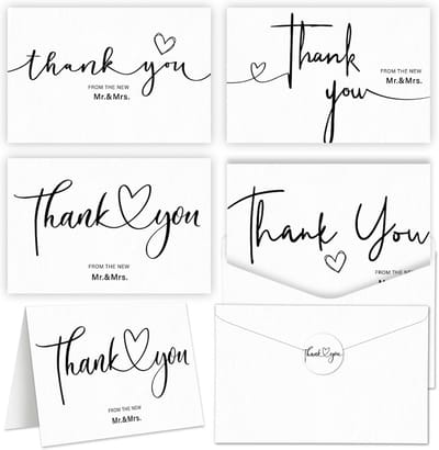 50x Bruiloft Bedankkaarten Set met Enveloppen & Stickers - Heer en Mevrouw Bedankbriefjes