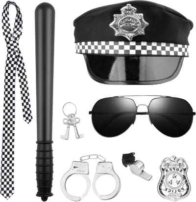 Volwassenen Politie Kostuum met 8 Accessoires, Inclusief Hoed, Handboeien, Badge, Stropdas, Sleutel, Knuppel, Fluit en Zonnebril voor Mannen en Vrouwen