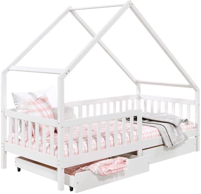 ALVA-bed in huisvorm, 90 x 200 cm, van massief grenenhout met lades - wit