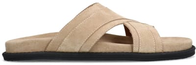 Manfield - Heren - Beige suède slippers - Maat 40