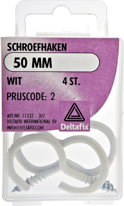 Deltafix Schroefhaken - 4x - verzinkt metaal - wit - 50 mm - ijzerwaren bevestigingsmaterialen