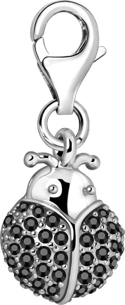 Quiges – Charm – Hanger - 3D Lieveheersbeestje met Zirkonia Zwart - Verzilverd - karabijnslot - geschikt - voor - Bedelarmband - QHC126