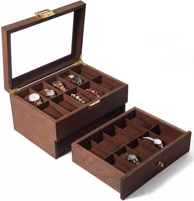 Houten Juwelenkast - Horlogekist Organizer - Sieraden Opbergen - Groot Glazen Deksel